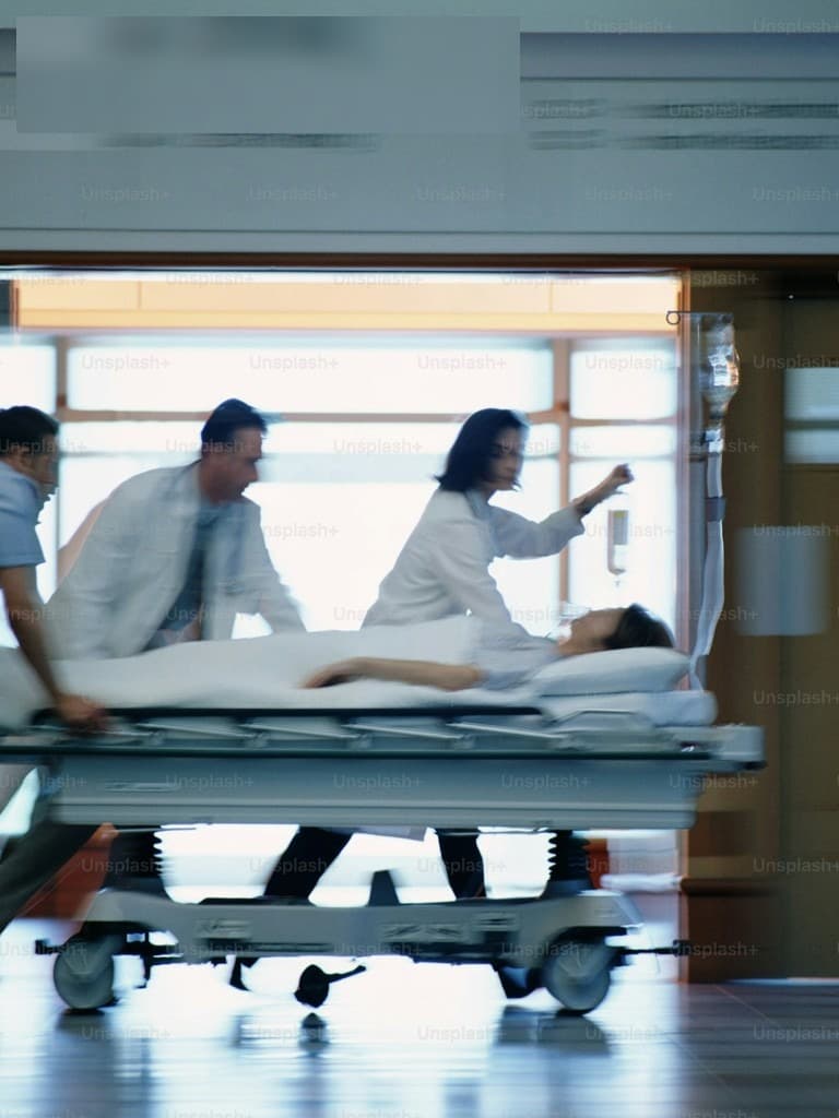 Emergency medical team responding in a hospital corridor